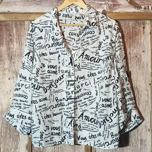 Linen Laura Ashley Woman french print black white button cuffed sleeve 1X